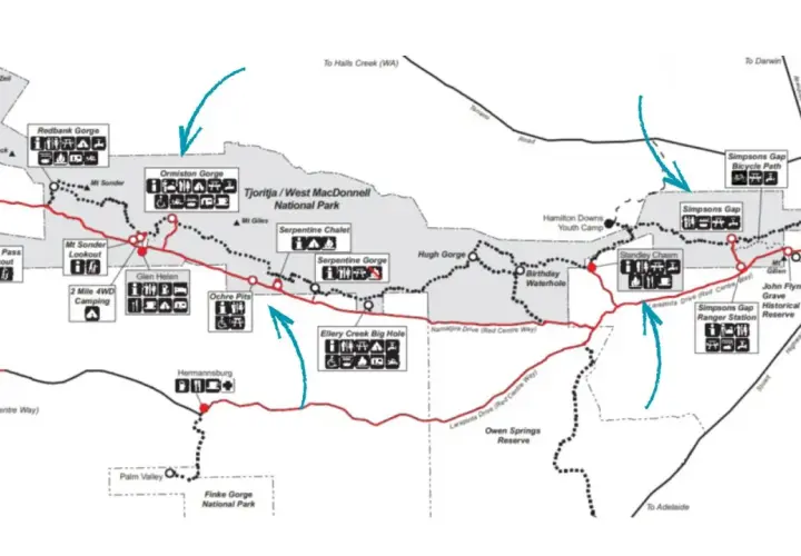 Mapa Tjoritja/West MacDonnell National Park, ukazująca szlaki i atrakcje, w tym święte miejsce aborygenów.