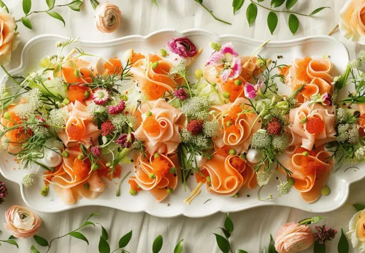 Plateau d'entrées élégantes pour une recette entrée mariage : fines tranches de poisson roulées, perles d'orange, fleurs et herbes fraîches.