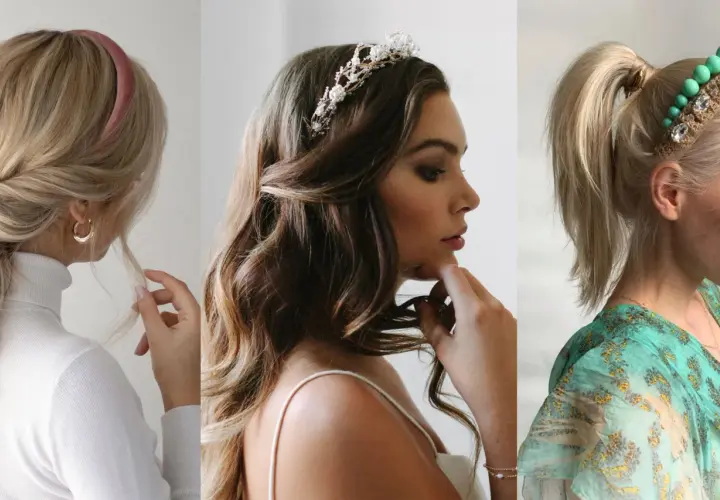 Tres estilos de peinados con diadema: trenza lateral, ondas sueltas con tiara y coleta alta con accesorio.