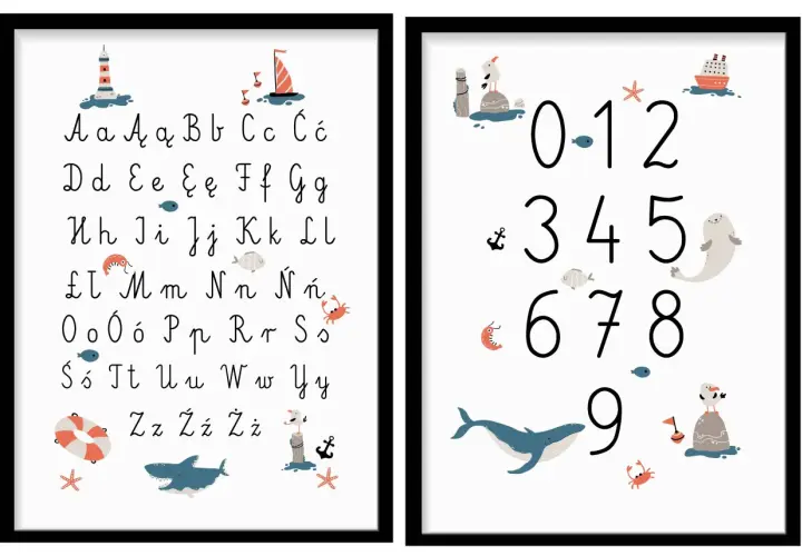Plakat alfabet morski z literami i cyframi. Urocze ilustracje: latarnia, statek, wieloryb, foka, mewa, krab, rybki, rozgwiazda, koło ratunkowe, rekin.