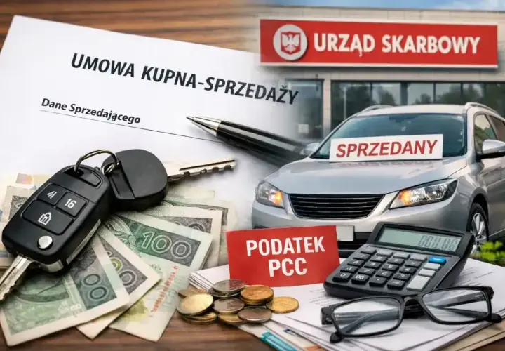 Umowa kupna-sprzedaży auta, kluczyki, pieniądze i kalkulator. Dowiedz się, jak zapłacić PCC-3 przelewem do Urzędu Skarbowego.