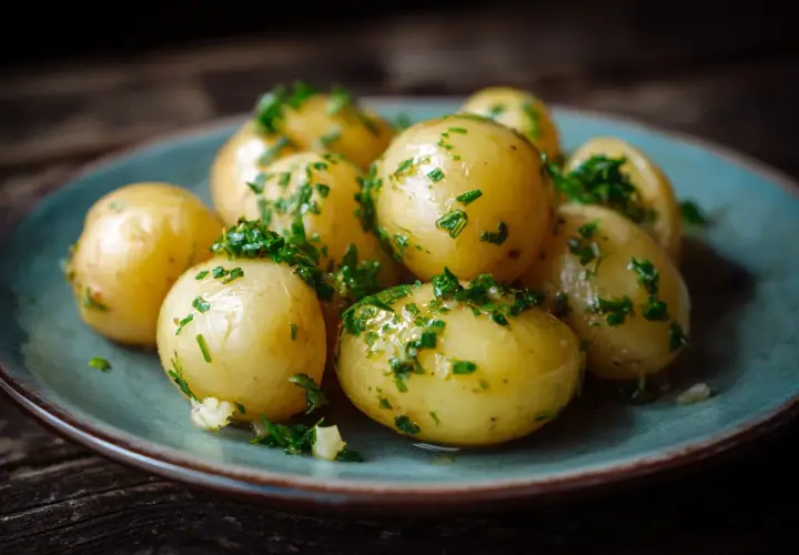 Små, kokta potatisar med färsk persilja och vitlök, perfekta som potatis till grillat.