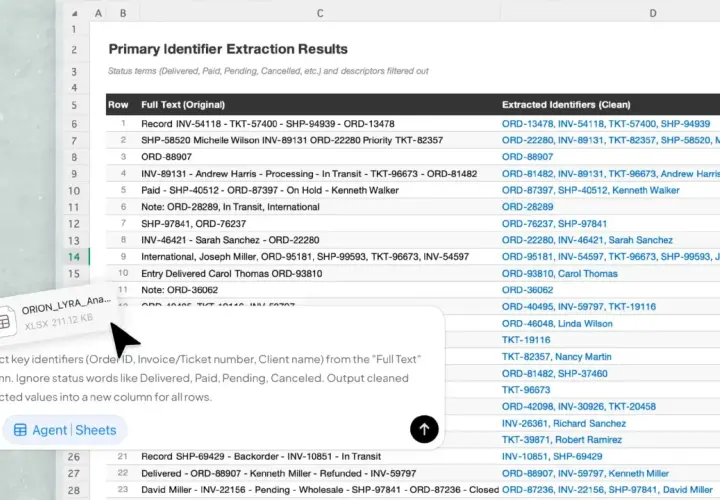 Risultati estrazione identificatori primari, un foglio di calcolo diverso da vuoto Excel, con dati organizzati in colonne.