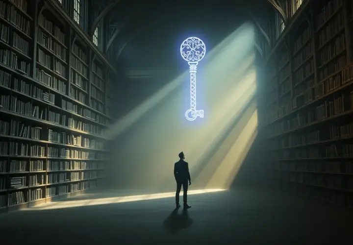 W wielkiej bibliotece, człowiek w garniturze szuka czegoś. W powietrzu unosi się świetlisty klucz, symbol wiedzy i odkryć.