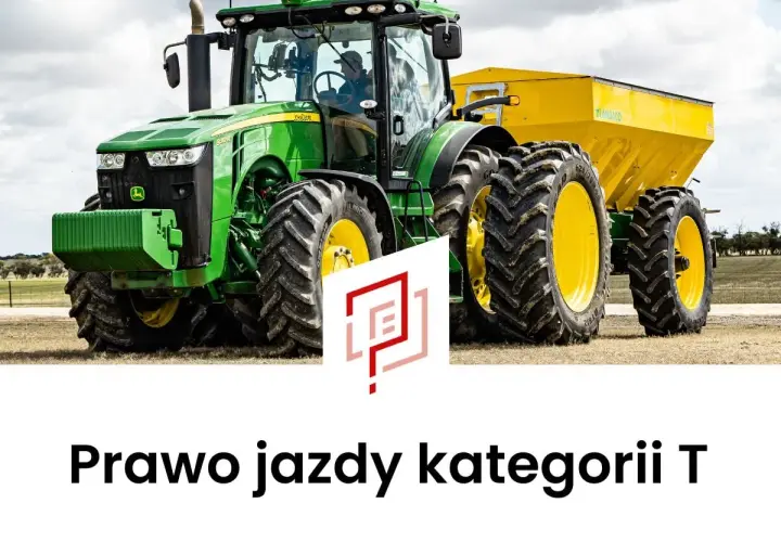 Zielony traktor z żółtym rozsiewaczem, gotowy do pracy na polu. Posiadanie prawa jazdy kat T otwiera drogę do prowadzenia takich maszyn.