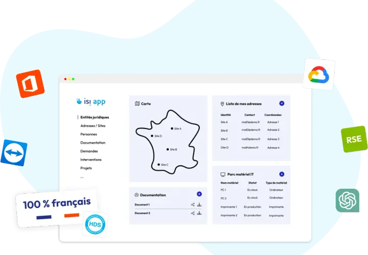 Interface d'un système d'information pour gérer des adresses, des documents et un parc matériel informatique.