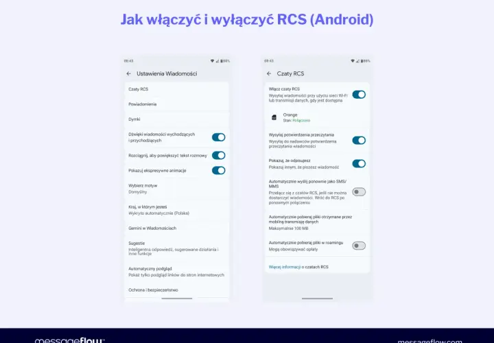 Ekran telefonu pokazuje ustawienia czatów RCS. Aby wyłączyć czat RCS, przejdź do "Ustawienia Wiadomości", a następnie "Czaty RCS" i wyłącz opcję "Włącz czaty RCS".
