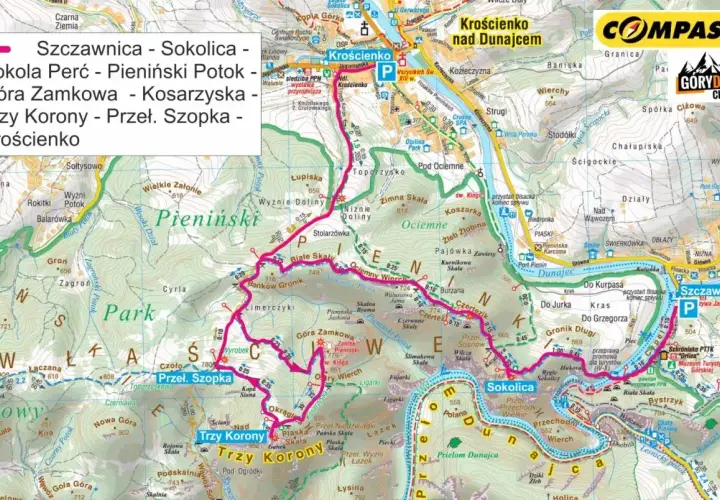 Trasa: Szczawnica, Sokolica, Sokola Perć, Trzy Korony. Mapa Pienin pokazuje szlaki i punkty widokowe.