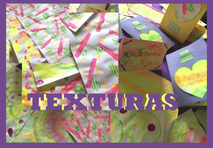 Collage de obras de arte infantiles con vibrantes texturas artificiales, incluyendo tarjetas con mensajes positivos y dibujos abstractos.