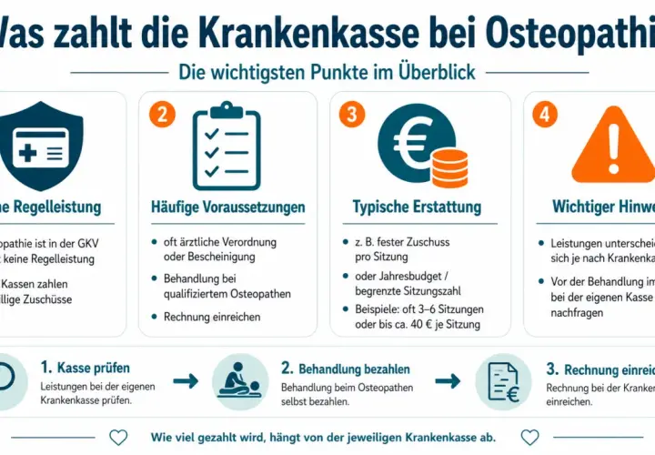 Osteopathie: Was zahlt die Krankenkasse? Infos zu Voraussetzungen, Erstattung & Hinweisen. Kasse prüfen, behandeln lassen, Rechnung einreichen.