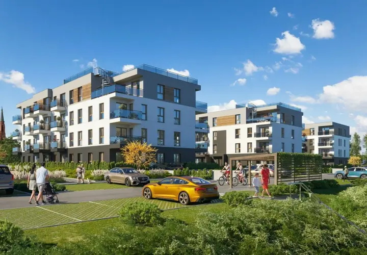Nowoczesna dworska enklawa z apartamentami, zielenią i ludźmi spacerującymi.