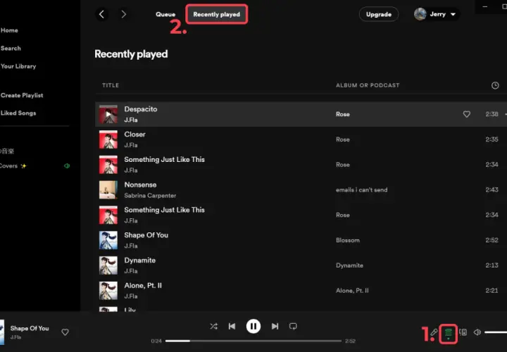 Spotify historia odtwarzania: lista utworów z albumu "Rose" J.Fl. i innych, np. "Despacito", "Closer", "Shape Of You".