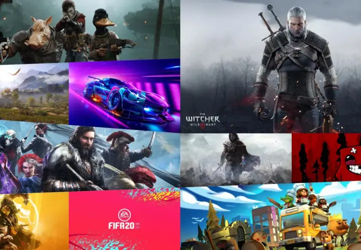 Kolaż z różnorodnymi grami na pada: od postaci z gry z dzikiem i kaczką, przez wyścigówkę, Wiedźmina, po postacie z gier RPG i sportowych.