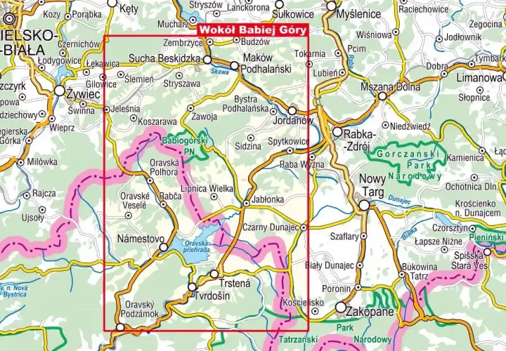 Mapa szlaków wokół Babiej Góry, z zaznaczonym Babiogórskim Parkiem Narodowym. Widoczny zielony szlak.
