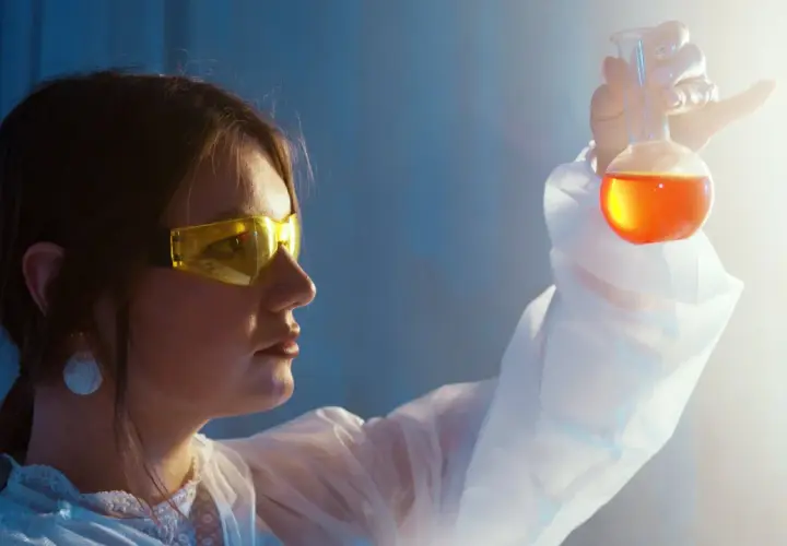 Naukowczyni w okularach ochronnych analizuje płyn w kolbie. To jej praca w dziedzinie biotechnologii.