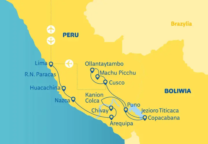 Mapa Peru z trasą wycieczki: Lima, Paracas, Nazca, Arequipa, Colca, Puno, Jezioro Titicaca, Cusco, Ollantaytambo i Machu Picchu.