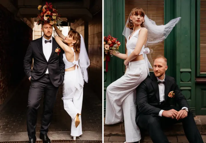 Para młoda w nowoczesnych strojach, z bukietem kwiatów. Elegancki ślub bez wesela, pełen stylu i bliskości.
