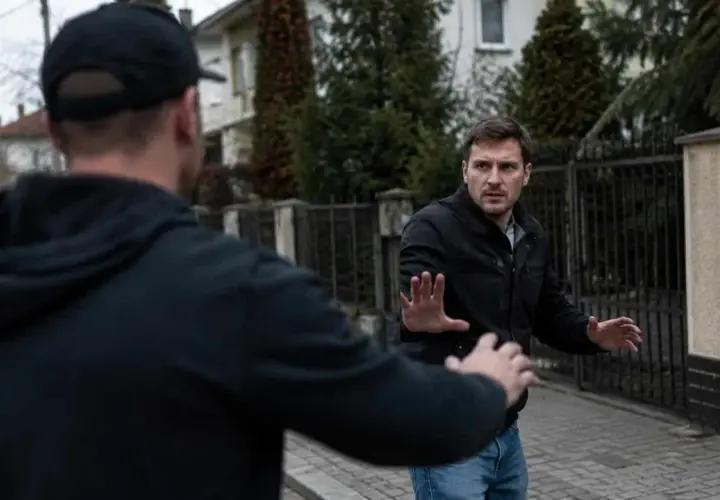 Mężczyzna w czarnej kurtce broni się przed napastnikiem, co może być uznane za przekroczenie obrony koniecznej.