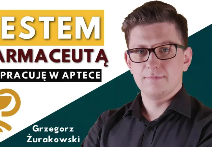 Mężczyzna w okularach na tle napisu "Jestem farmaceutą. Nie pracuję w aptece" i symbolu aptecznego.