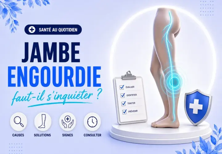 Jambe engourdie : causes, solutions, signes et quand consulter. Une illustration médicale avec une jambe, un tableau de bord et des icônes.