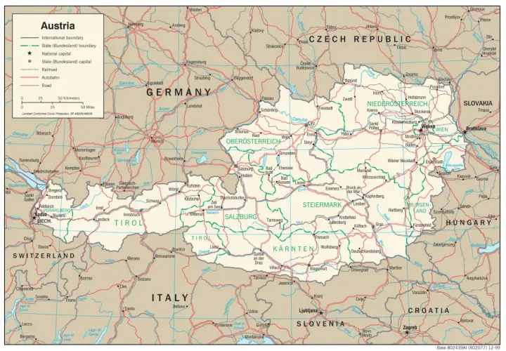 Mapa Austrii z zaznaczonym podziałem administracyjnym na kraje związkowe (Bundesland), stolice i główne miasta.