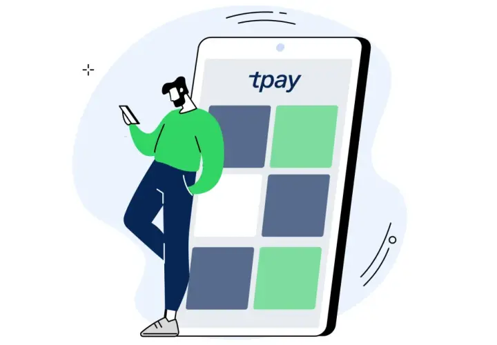 Mężczyzna korzysta z telefonu z logo "tpay", przeglądając różne metody płatności.