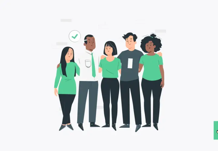 A diverse group of five friends stands together, arms around each other, showing what it means to value diversity.