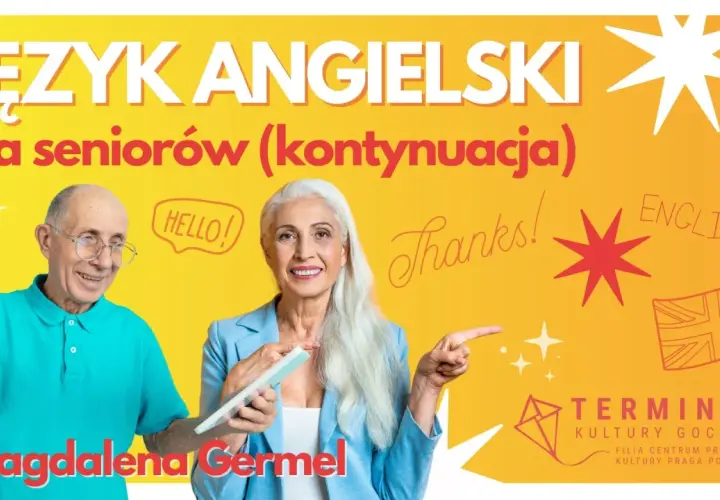 Uśmiechnięci seniorzy cieszą się nauką języka angielskiego. Kurs dla seniorów z Magdaleną Germel.