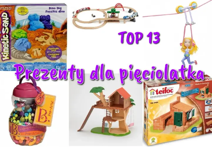 Pomysły na prezenty dla 5 latka: piaskownica kinetyczna, kolejka, domek na drzewie, koraliki, budowle z cegiełek.