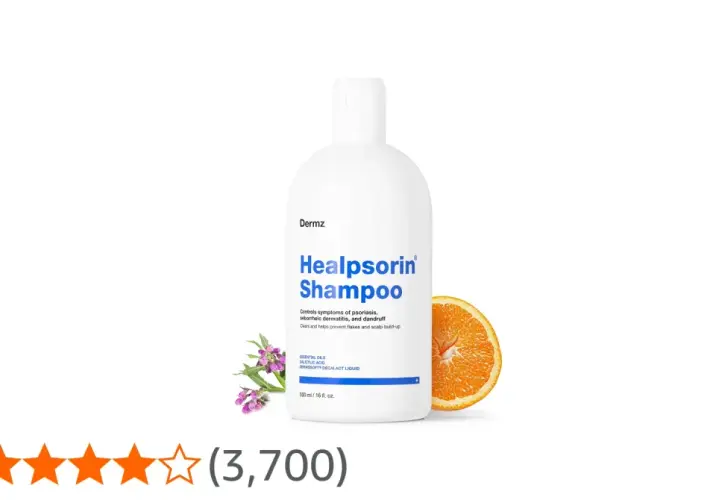 Biała butelka szamponu Healpsorin z pomarańczą i kwiatami. Produkt kontroluje objawy łuszczycy i łupieżu.