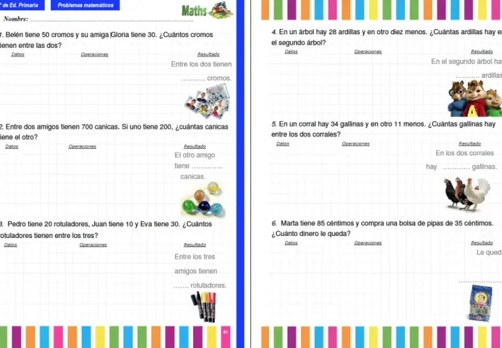 Problemas 3 primaria: ejercicios de matemáticas con imágenes de ardillas, gallinas, cromos, canicas y rotuladores.