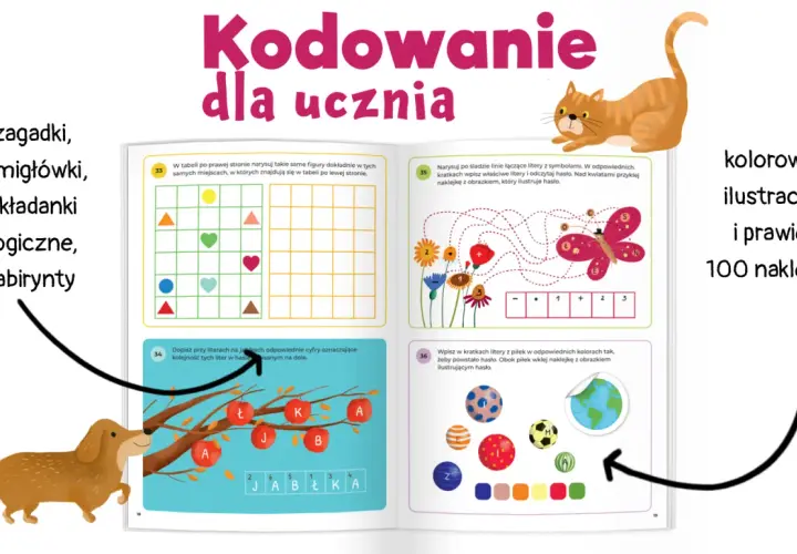 Książka "Kodowanie dla ucznia" zawiera zagadki, łamigłówki, układanki logiczne i labirynty. Kolorowe ilustracje i naklejki ułatwiają naukę.