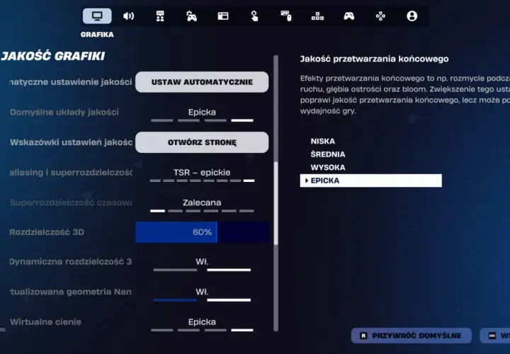 Ustawienia grafiki w grze Fortnite. Wybierz jakość przetwarzania końcowego "Epicka" dla najlepszych efektów wizualnych w Fortnite gry online.