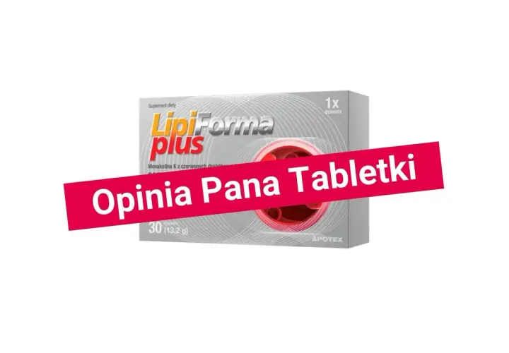 Opakowanie suplementu diety LipiForma plus z monakoliną K. Na czerwonym tle napis "Opinia Pana Tabletki".