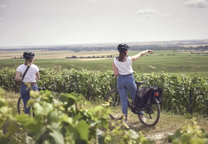 Two women on a champagne bike tour point towards rolling vineyards under a hazy sky.