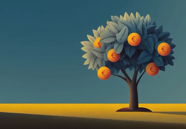 Ein Baum mit Euro-Symbolen als Früchte. Ein Symbol für Wachstum und Ertrag, aber auch für die Komplexität der etf steuer.