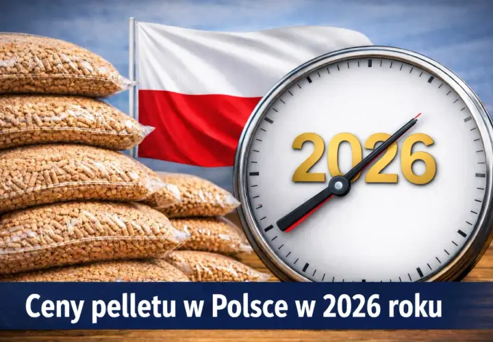 Stosy worków z pelletem, polska flaga i zegar wskazujący 2026 rok. Sprawdź ceny pelletu w Polsce w 2026 roku.