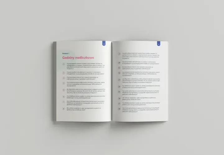 Rozdział o godzinach nadliczbowych. Lista pytań dotyczy rozliczania czasu pracy i wynagrodzenia za nadgodziny.