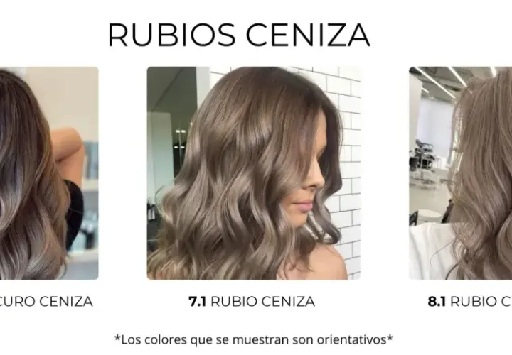 Tres modelos lucen diferentes tonos de rubio ceniza en su cabello. El rubio ceniza en morenas crea un contraste sutil y elegante.