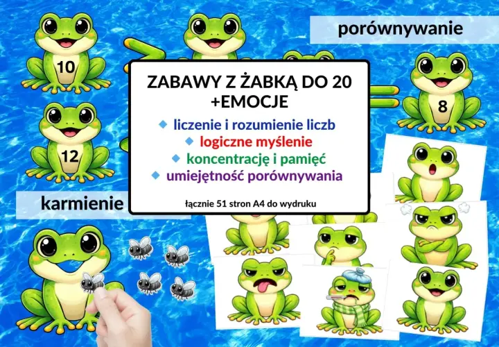 Żabka przyjaźni uczy liczenia, logicznego myślenia i emocji. Zabawy z żabką rozwijają koncentrację i umiejętność porównywania.