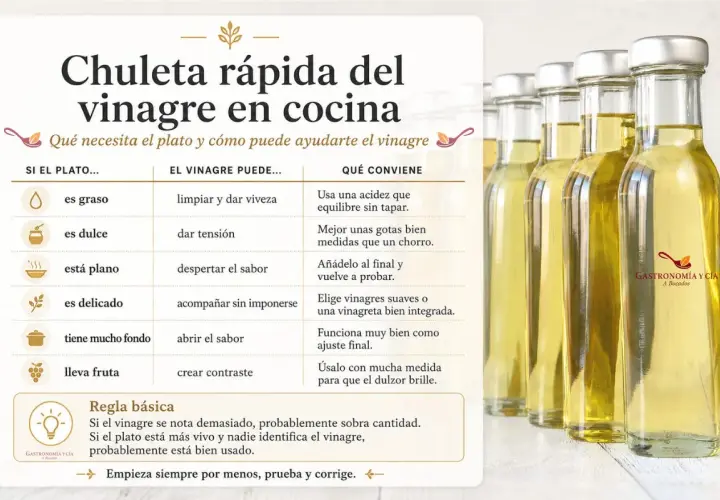 Guía rápida sobre cómo usar el vinagre italiano en la cocina. Muestra botellas de vinagre y una tabla con consejos.