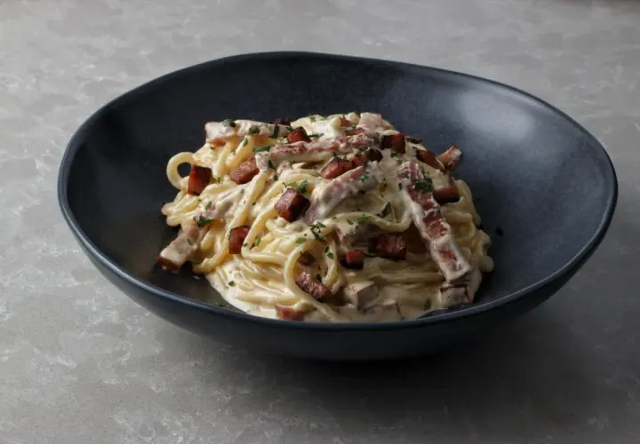 Un plat de spaghetti crémeux, garni de morceaux de guanciale croustillant et de persil frais. La vraie recette carbonara italienne, un délice simple et authentique.