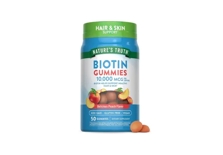 Nature's Truth Biotin Gummies, 10,000 mcg per serving, för hår och hud. Hjälper mot biotin håravfall. Smak av persika. 50 gummies.
