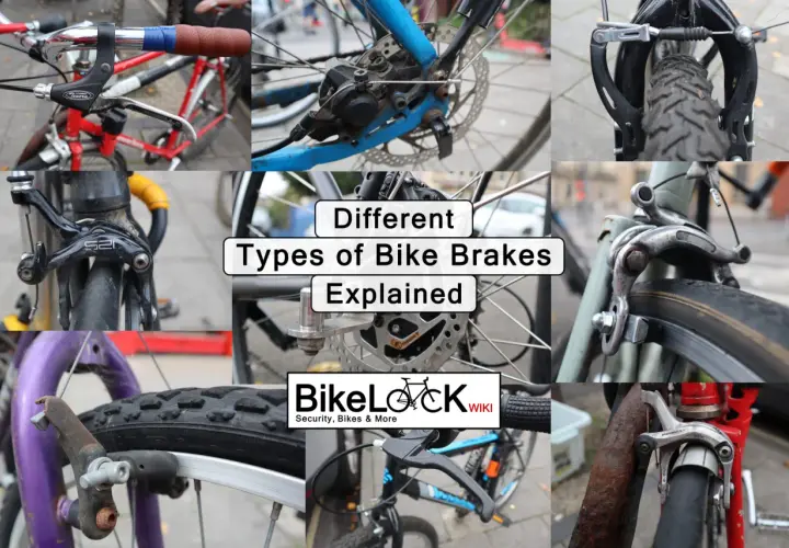 Collage showing various mountain bike brake types, including rim brakes and disc brakes, with text overlay "Different Types of Bike Brakes Explained.