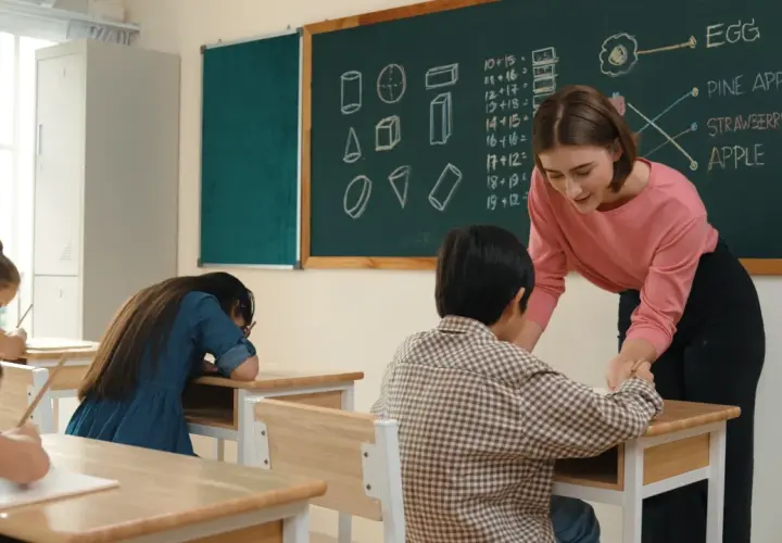 Nauczycielka pomaga uczniowi przy biurku, gdy jest wystawienie ocen. Na tablicy matematyka i owoce.