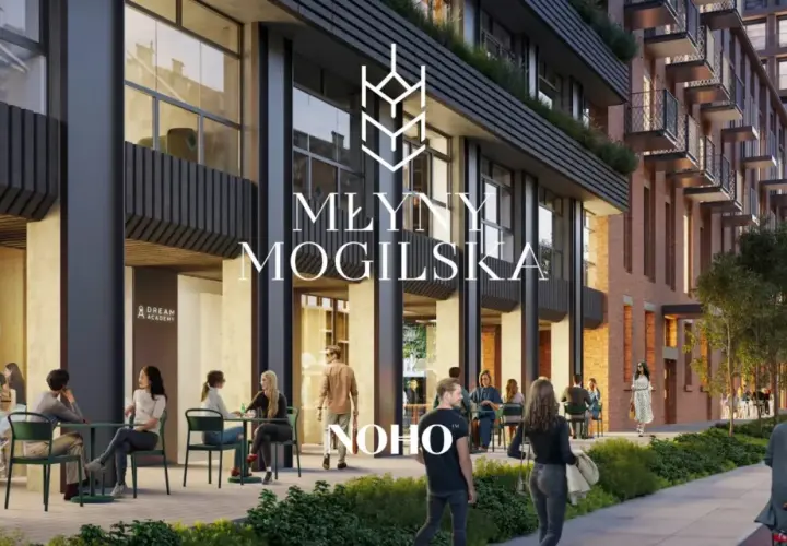 Nowoczesna architektura osiedla Młyny Mogilska. Ludzie relaksują się przy stolikach kawiarni na zewnątrz.