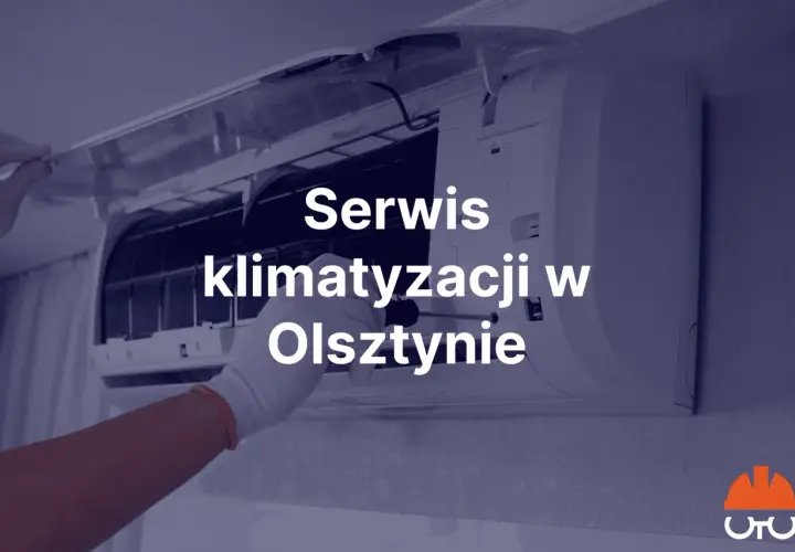 Ręka w białej rękawiczce naprawia klimatyzację. Napis: Serwis klimatyzacji w Olsztynie.