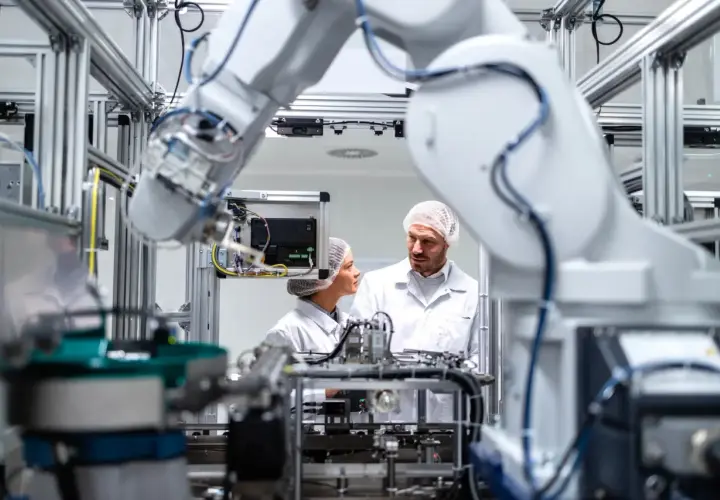 Mechatronik w białej szacie laboratoryjnej analizuje działanie robota przemysłowego.