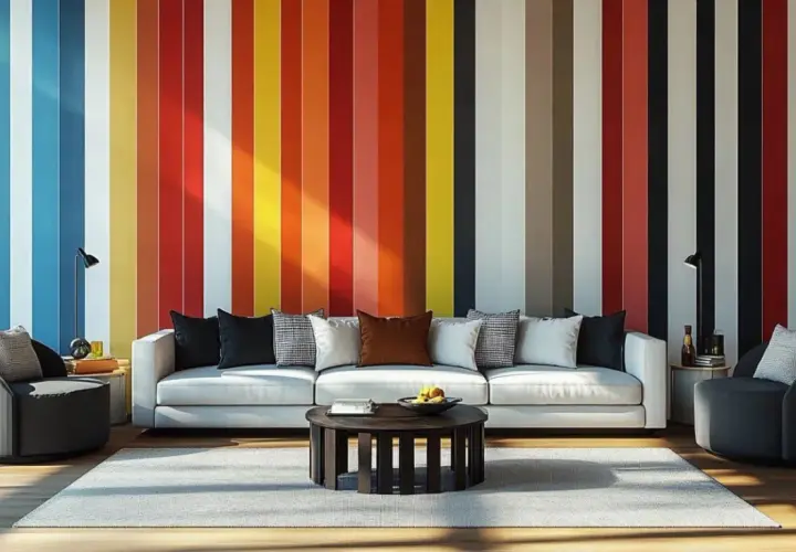 Salon moderne avec un mur au motif rayures multicolores vives. Un canapé blanc, des fauteuils gris et une table basse complètent l'ensemble.