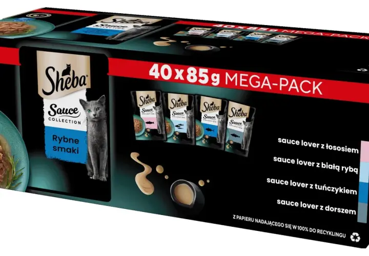 Opakowanie karmy Sheba Sauce Collection z rybnymi smakami, w tym łosoś, biała ryba, tuńczyk i dorsz. Czy Sheba to dobra karma? Ten mega-pack sugeruje, że tak!